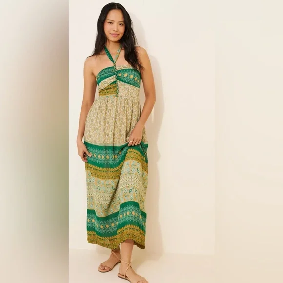 green emerald velvet dress Anthropologie BHLDN "Bowed Halter Dress" by Hitherto in Blue, Size 6,  The  Mustard Dandelion